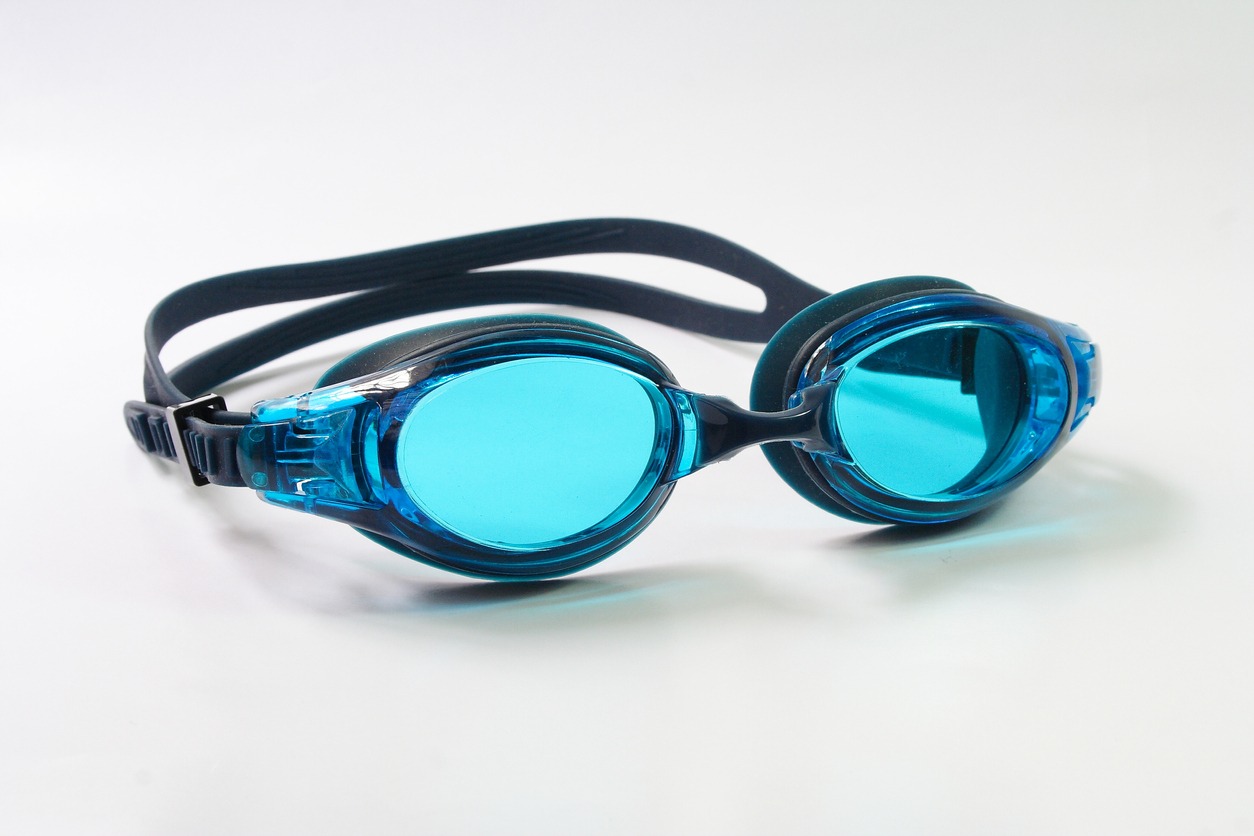 A pair of prescription swimming goggles