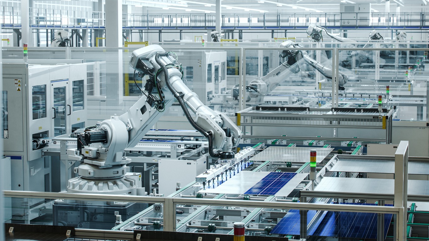Robot, Industry, Factory, Robotic Arm, Automated, White Color, Autonomous, Technology, Production Line, Machine Part, Manufacturing, Conveyor Belt, Modern, Innovation, Built Structure, Indoors, Solar Panel