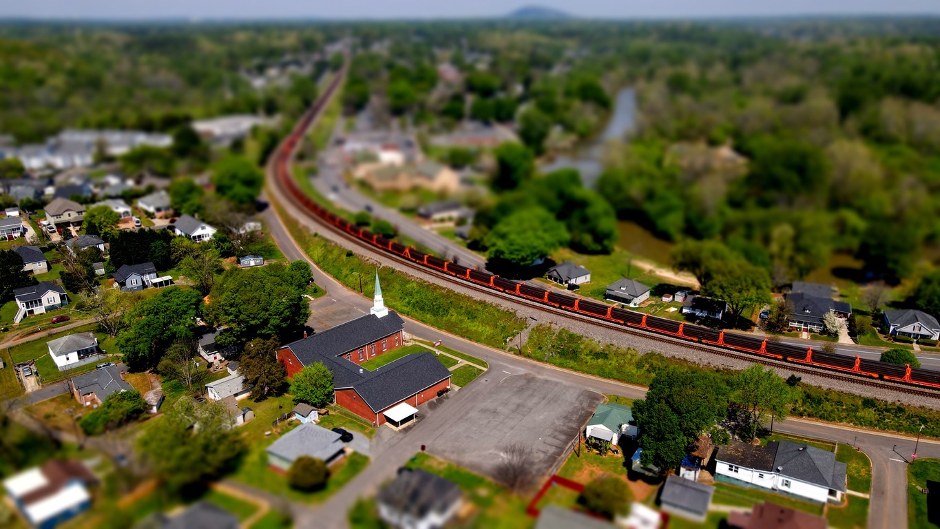 Model train town with scenery