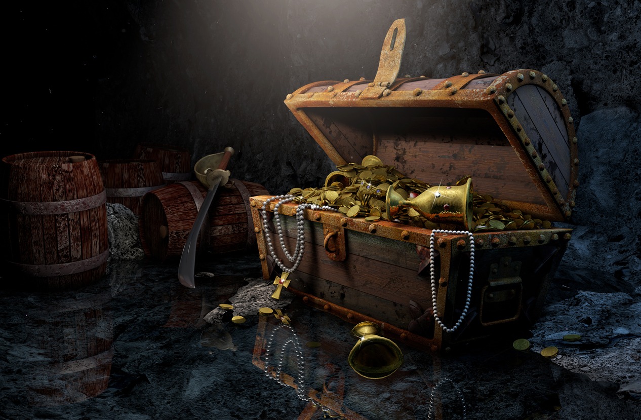 Pirate's chest in a dark cave