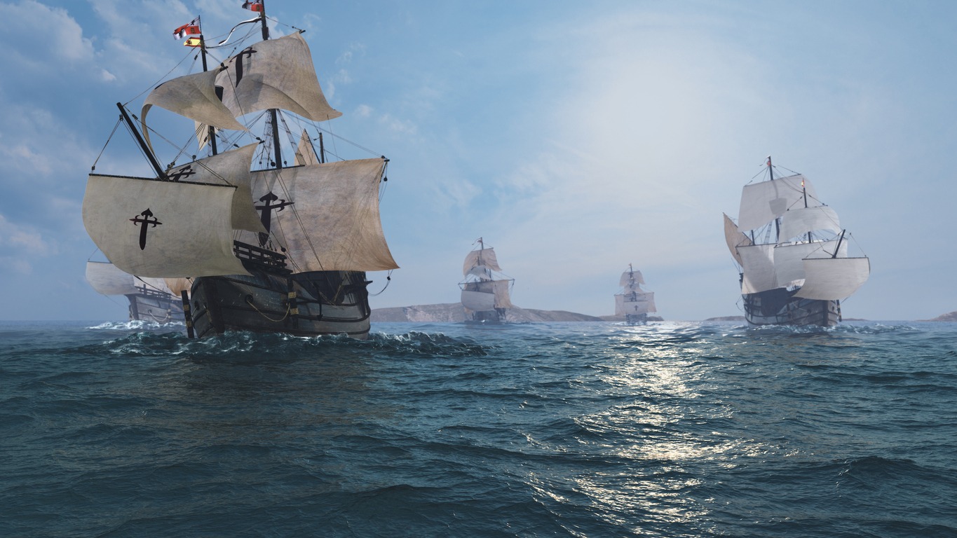 Scientific 3D reconstruction of a spanish galleon armada led by fernando magellan in the 16th century , simulated and animated ships in huge ocean bassin