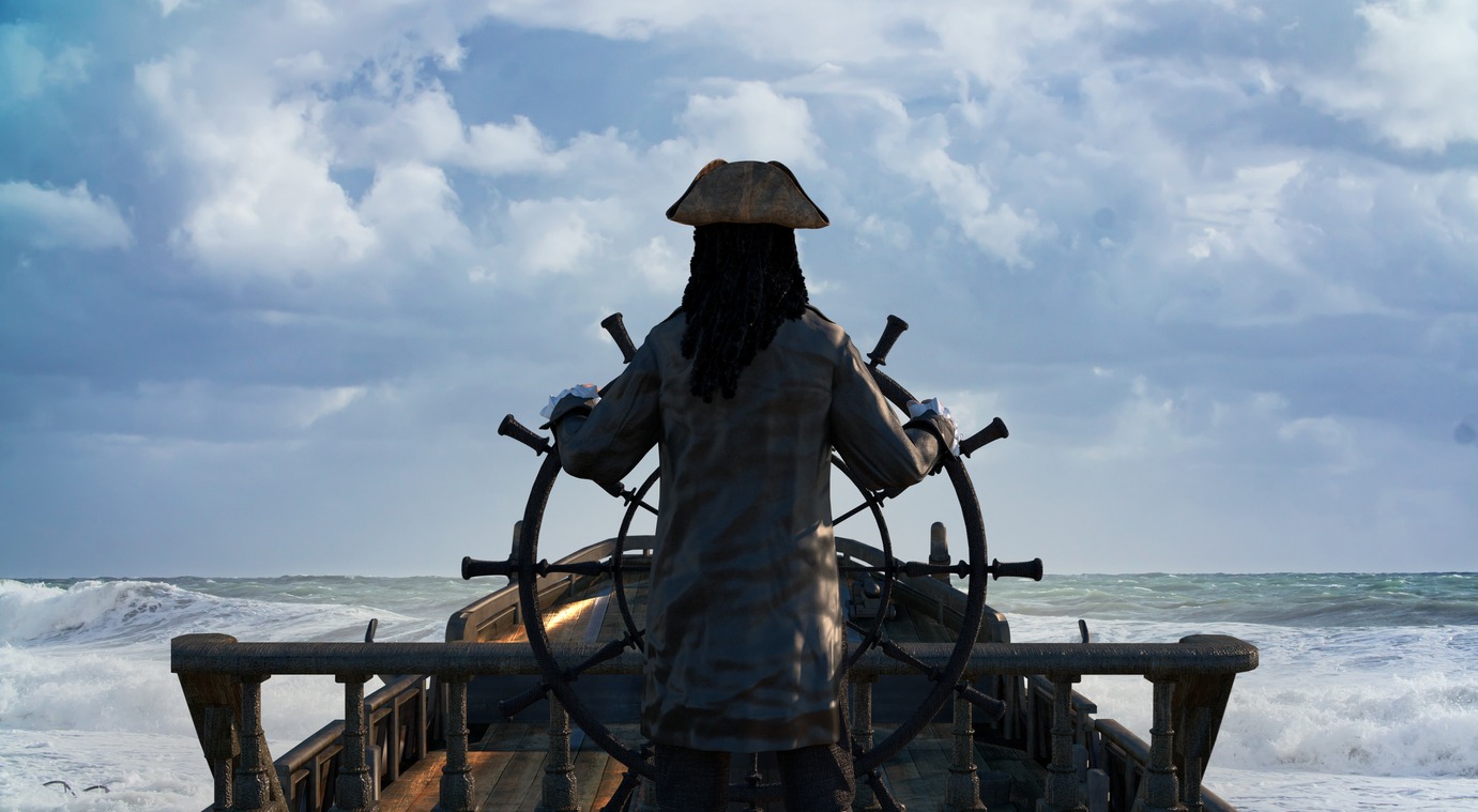 the pirate captain holds the ship's steering wheel and sails across the sea on a sailing pirate ship render 3d