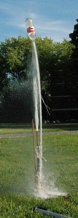 water bottle launcher catapulting a water rocket into the air.