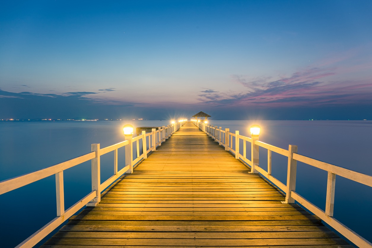 Wood bridge with seascape at twilight time