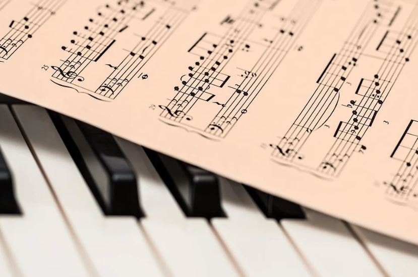 Close-up shot of a musical sheet lying on a piano.