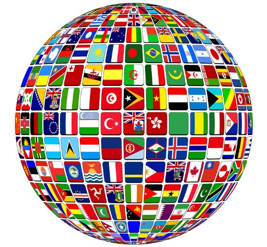 Image of a globe with all country flags.