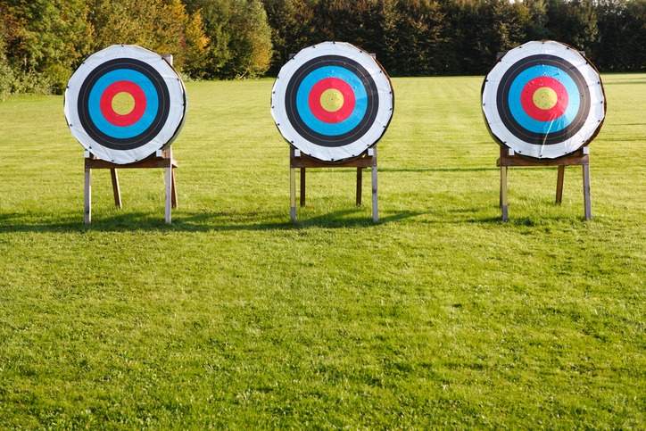 three archery targets in a row on green meadow