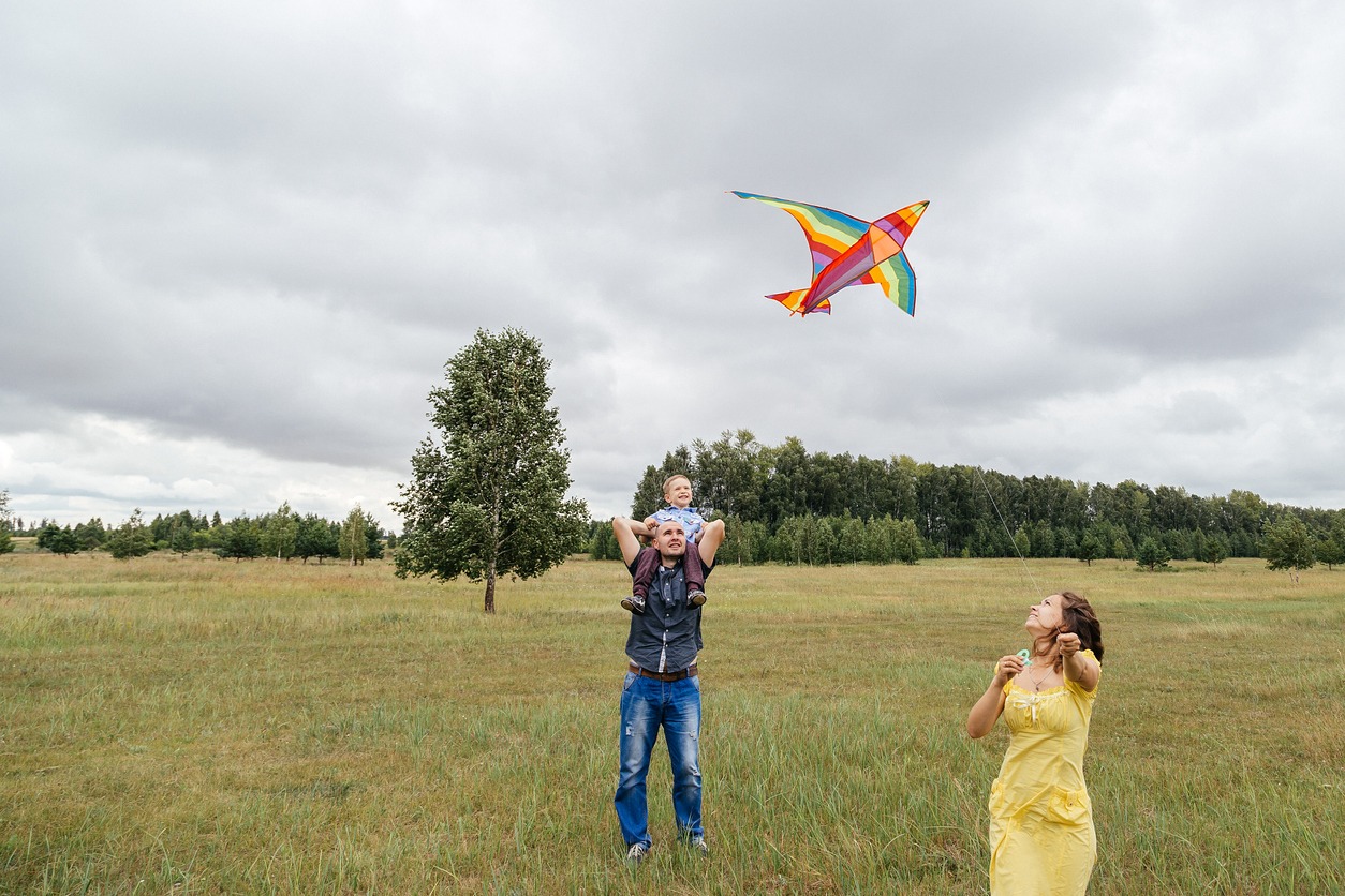 A family flies a kite on the field