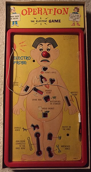 1965 edition of Operation, with the tweezers originally referred to as "Electro Probe"