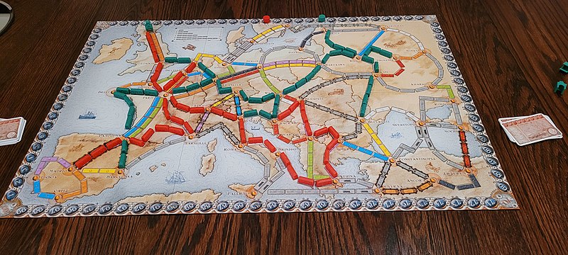 A game of Ticket to Ride: Europe at the end of a two-player game