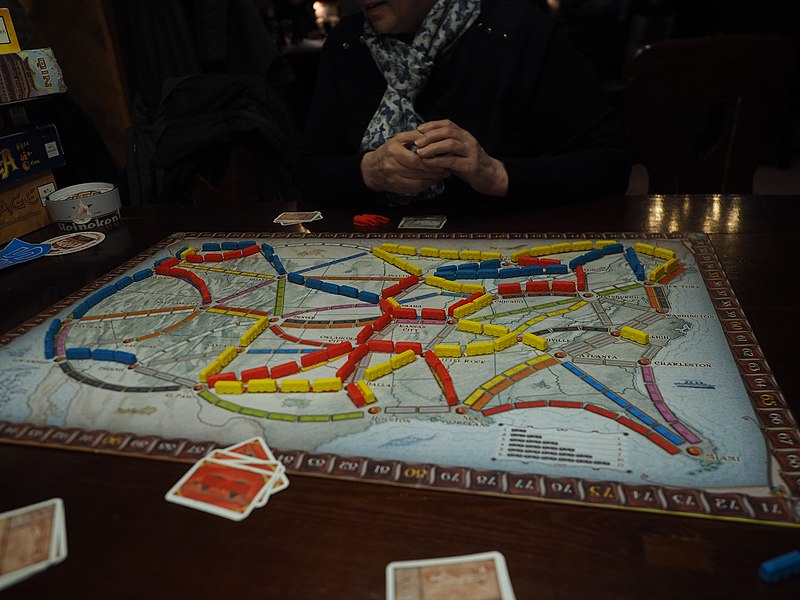 A three-player game of Ticket to Ride at the end of play