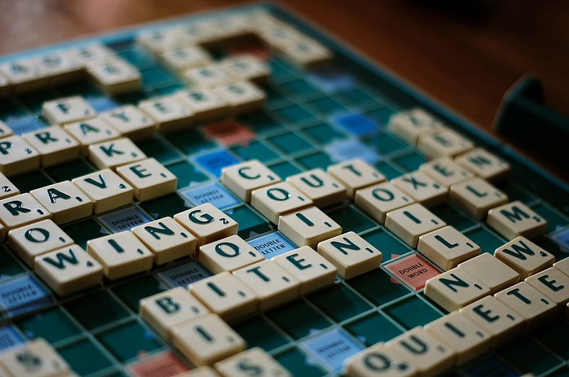 An English-language Scrabble game in progress