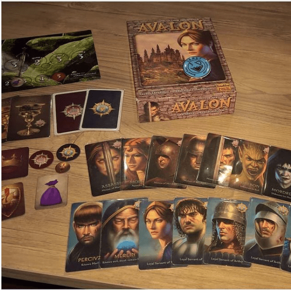 Avalon board game tokens, cards, and characters
