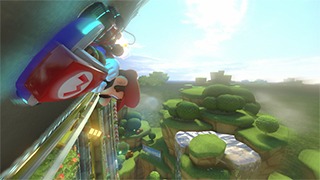 Screenshot of a race in progress at Mario Circuit in Mario Kart 8 with Mario using anti-gravity