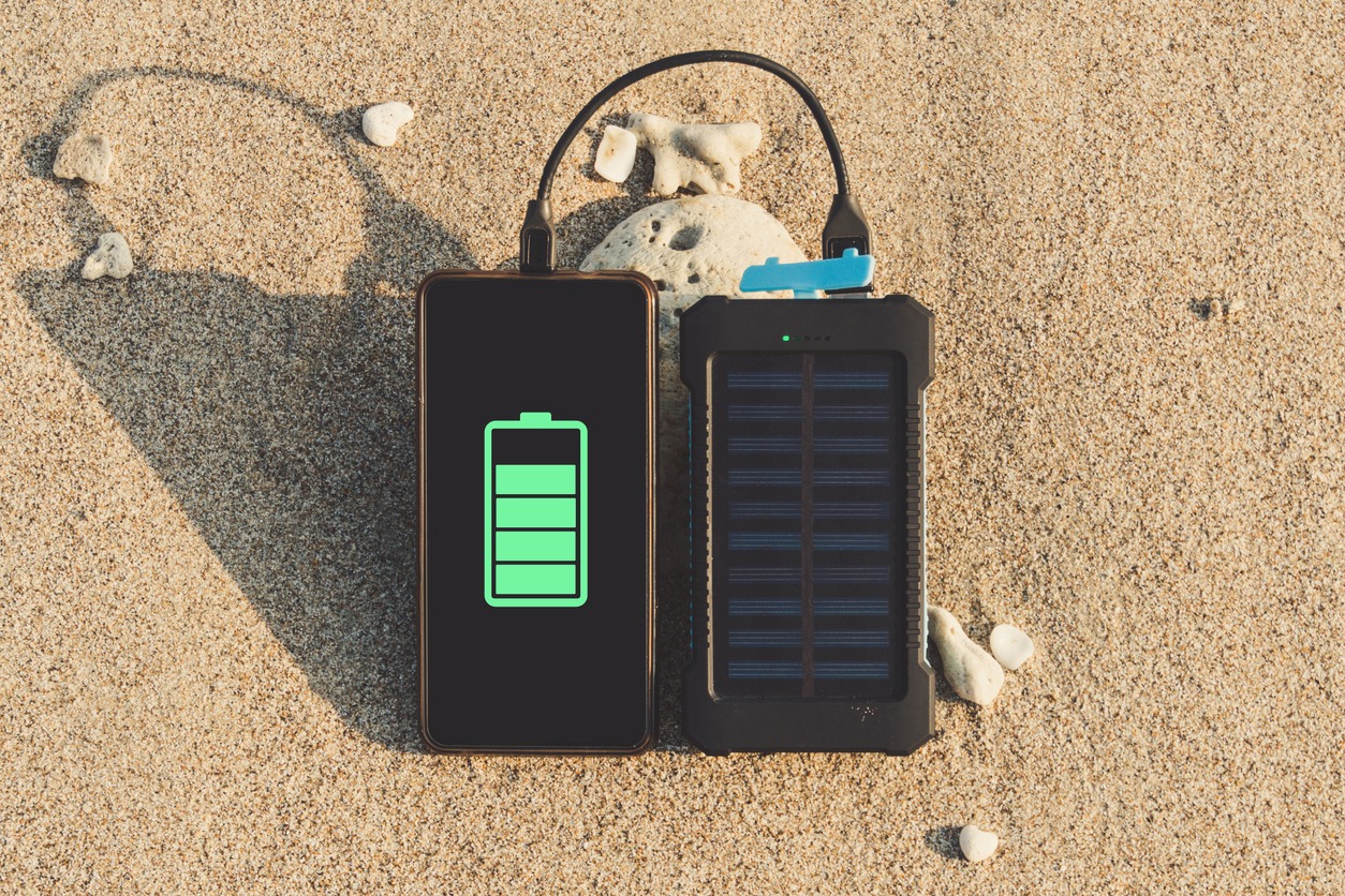 Portable solar panel is on the beach