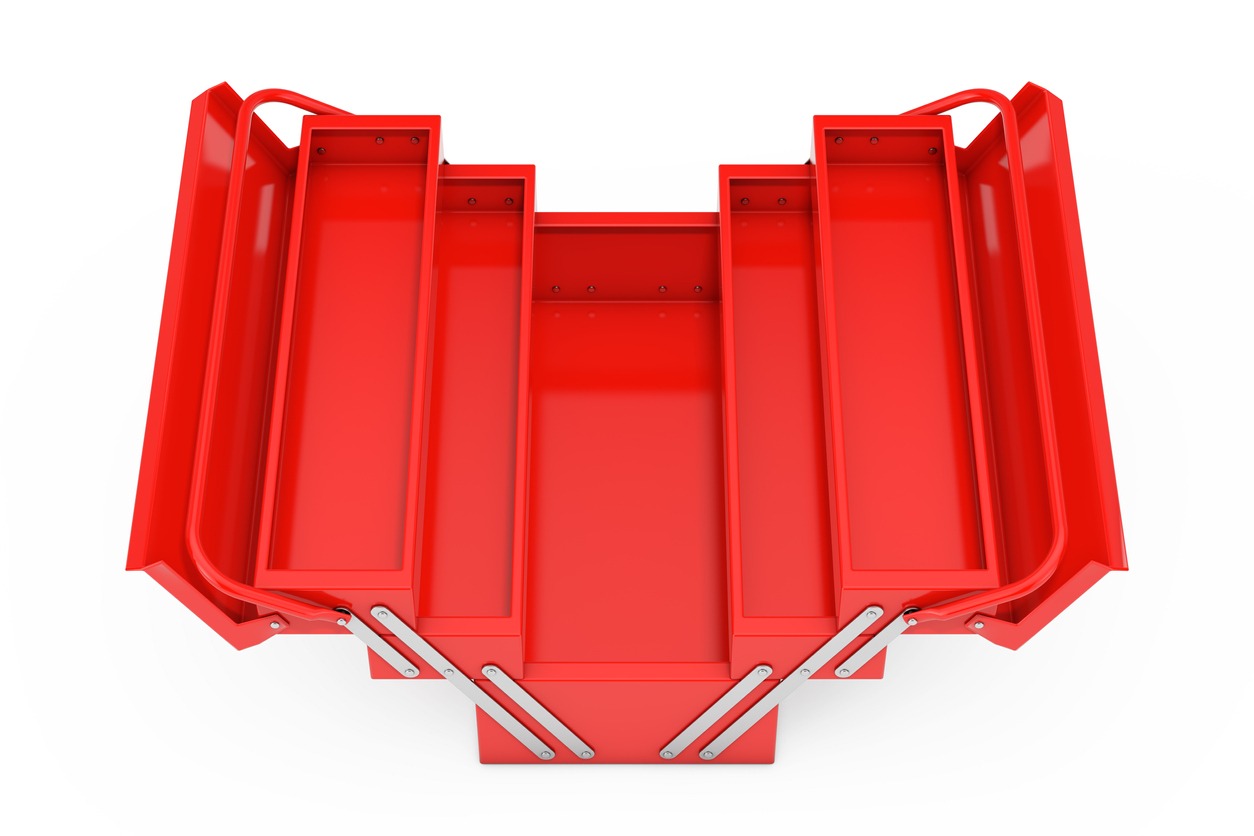 Red steel toolbox with five compartments