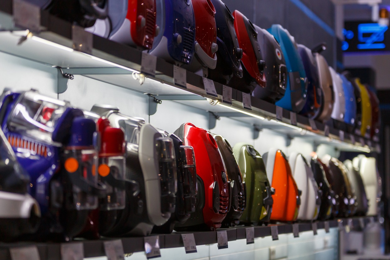 Vacuum cleaners displayed in a shop