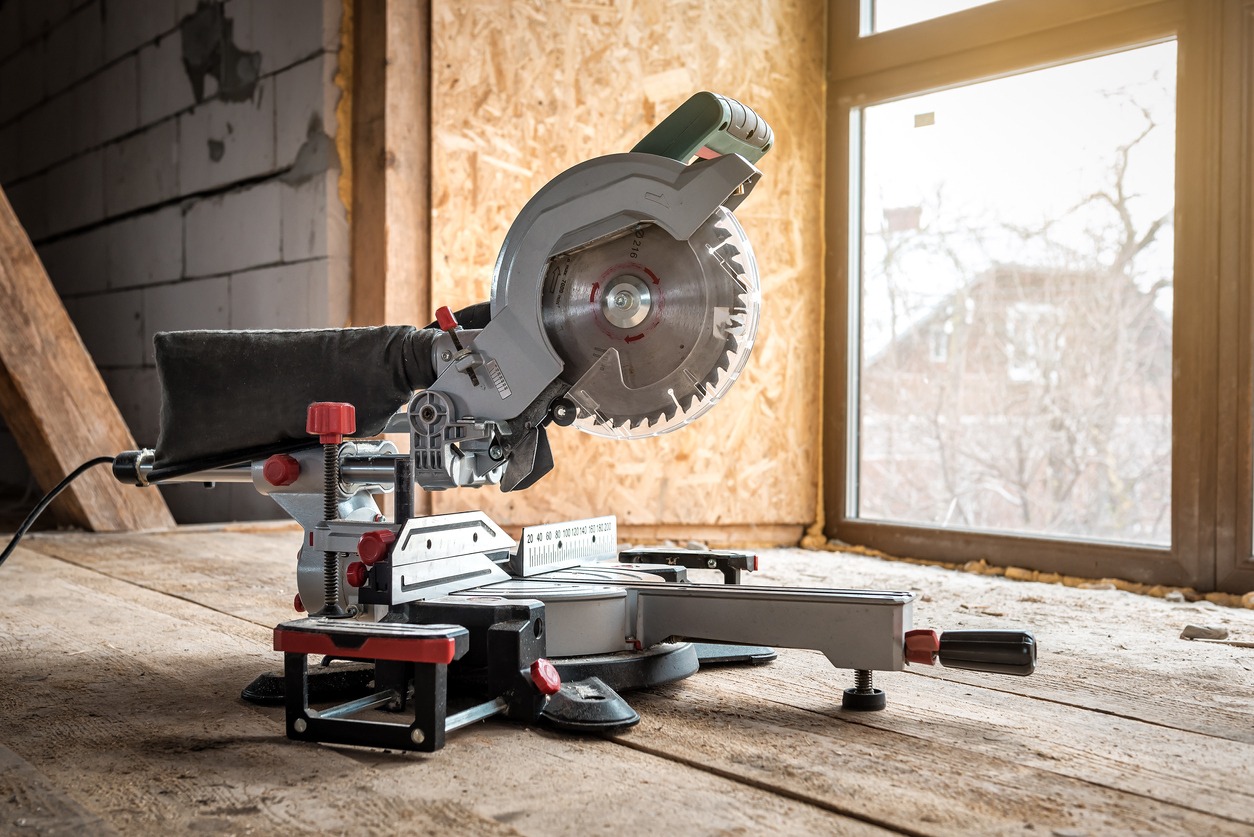 miter saw in a home construction site 