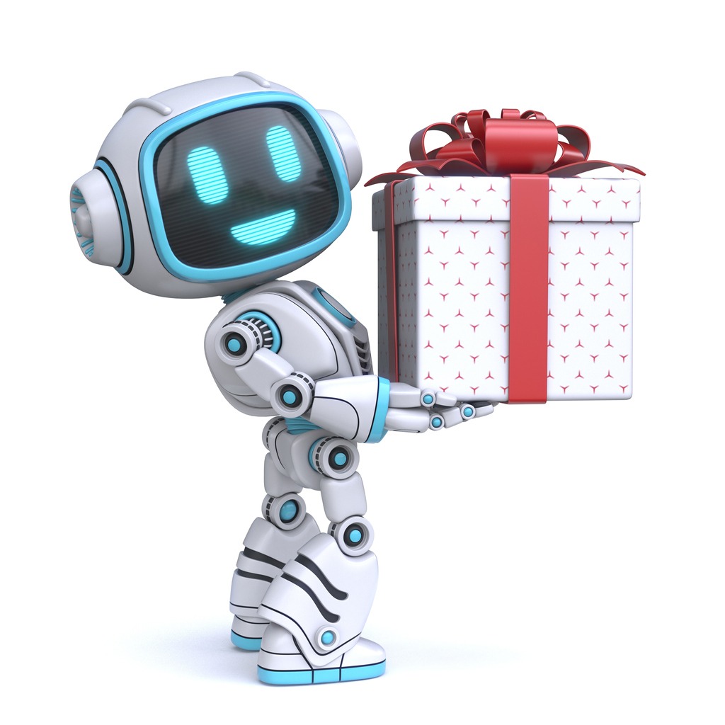 A robot holding a gift. 