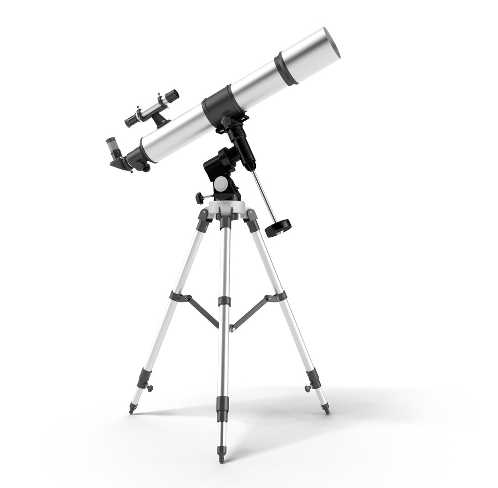 A telescope on a stand against a white background.