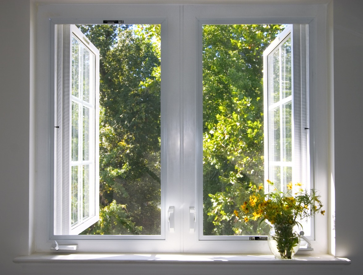 An image of open windows showing leaves and a potted plant on the window sill.