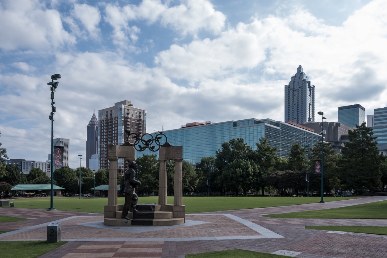 Atlanta, Georgia – September 2022 – Architectural detail of the Gateway of Dreams, a public monument in Centennial Olympic Park; the monument honors Pierre de Coubertin, the father of the modern Olympic Games