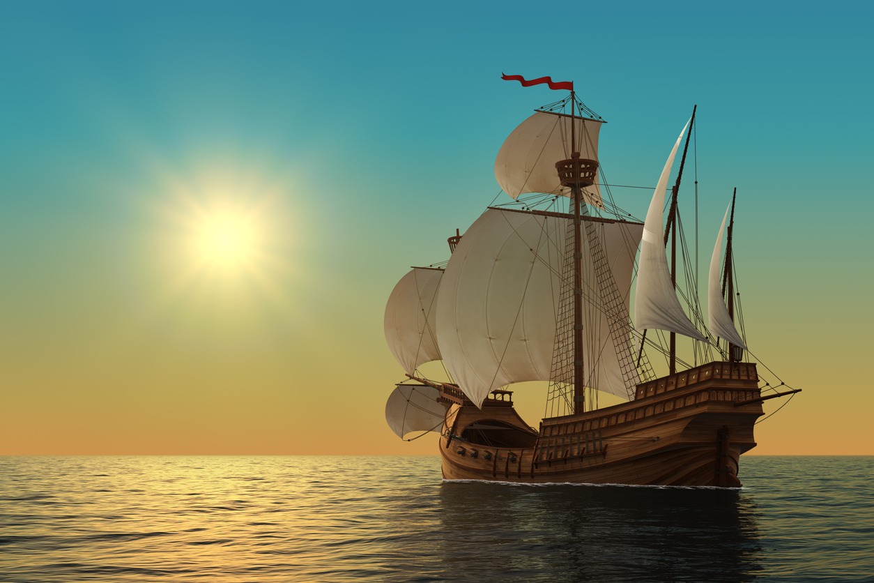 Caravel In The Ocean. Realistic 3D Illustration