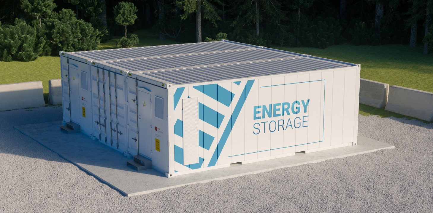 Concept of energy storage unit consisting of multiple connected containers with batteries. 3d rendering