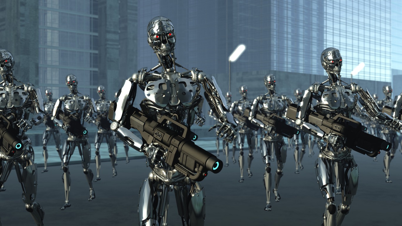 Robotic army preparing for invasion in a movie scene