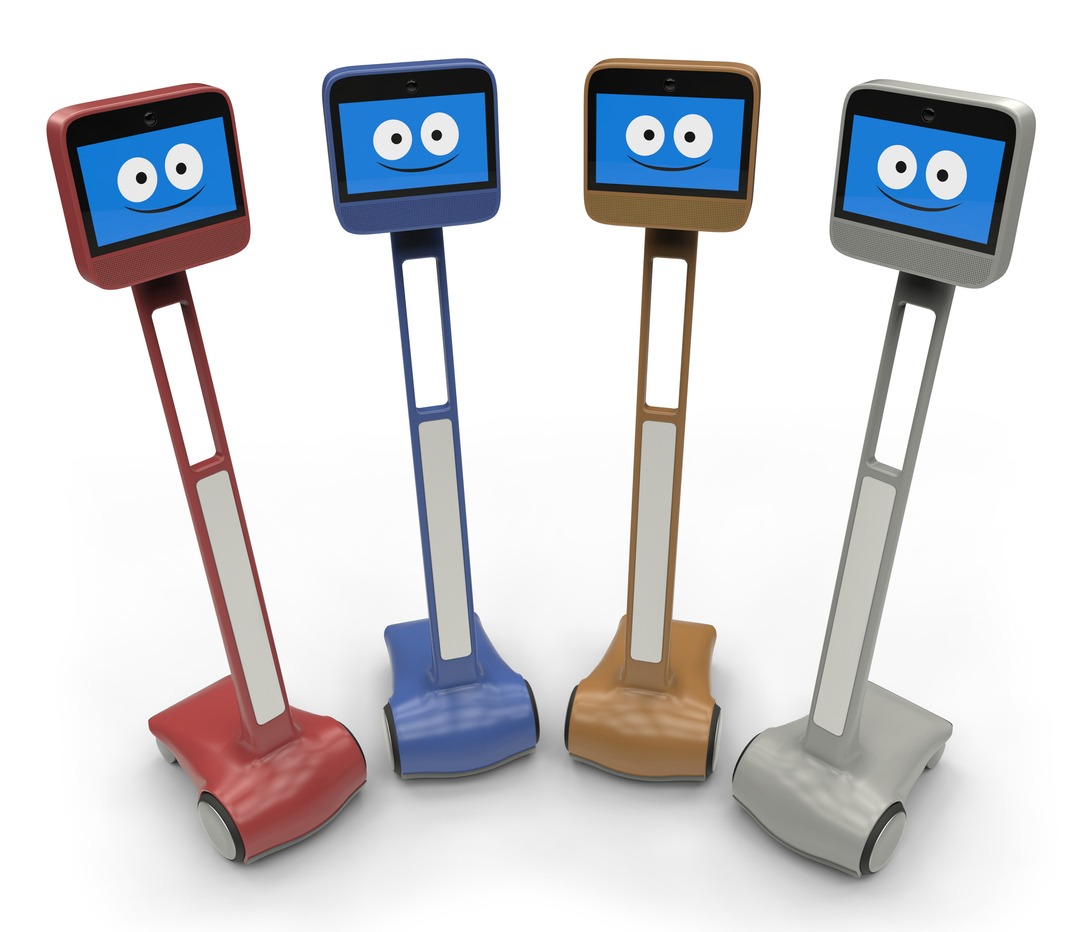 Telepresence robots in different color variations.