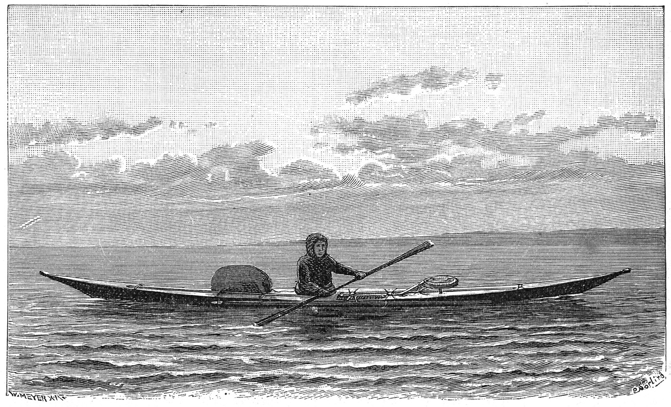 Victorian black and white engraving of an Inuit native to Greenland in his kayak; English Illustrated 1892