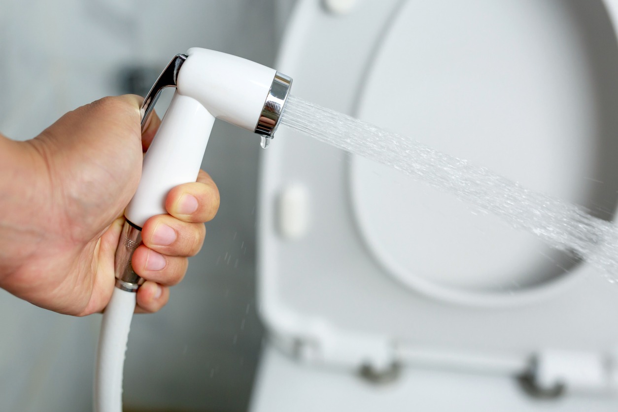 White handheld bidet sprayer in toilet bathroom