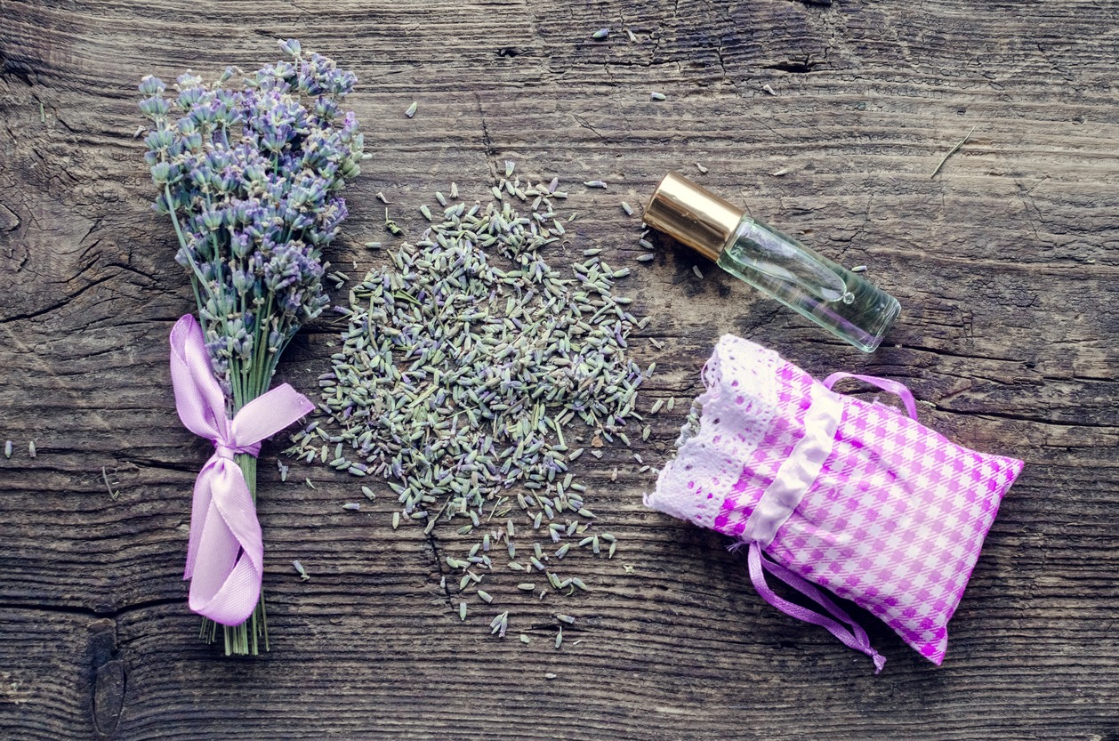 Bunch of lavender flowers and sachet filled with dried lavender