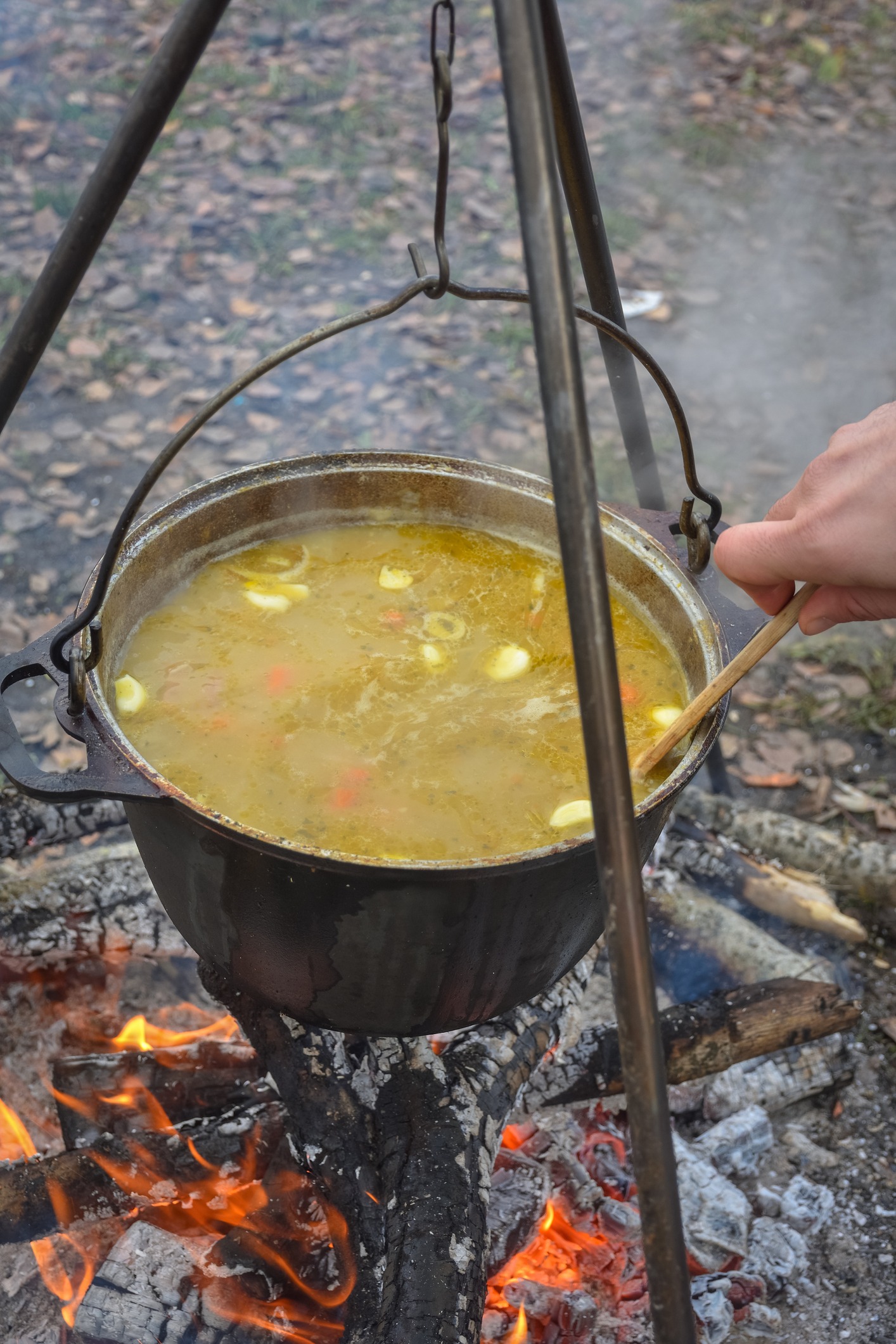 cooking in a pot on a campfire, camp cooking, pot with hot food