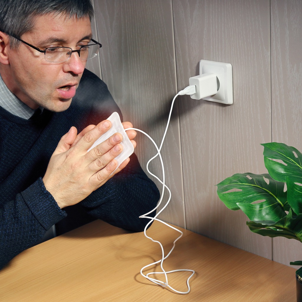 European man warms hands from portable electrical USB heater, connected to the wall outlet