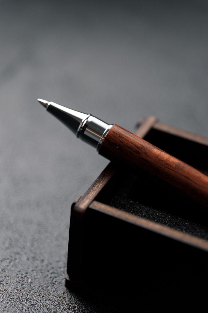A set of expensive military pens in wooden boxes, compositions on a dark background with attributes. Luxury gift pen
