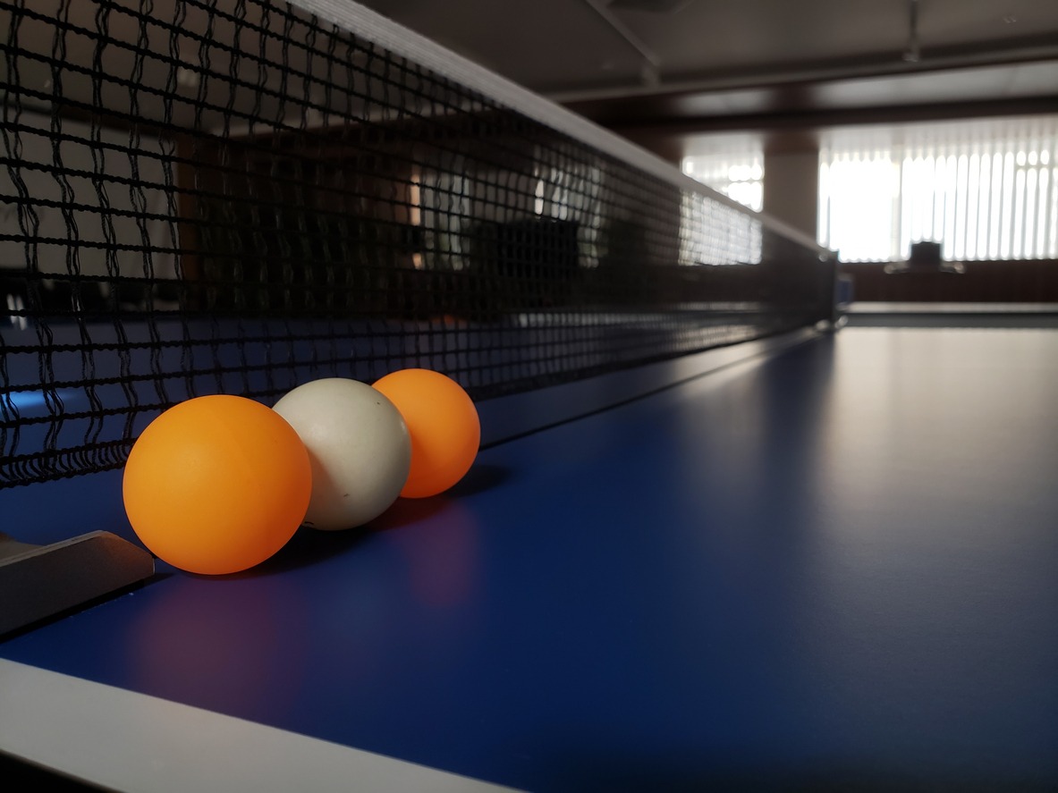 multi-colored ping pong balls placed against the net on a tennis table 
