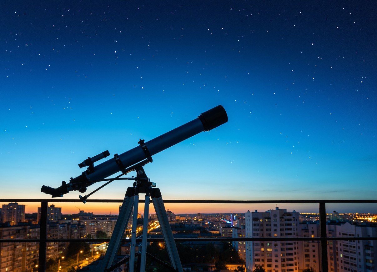 silhouette of a telescope against night sky