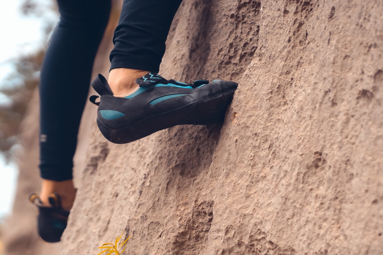 A closeup image of rock climbing shoes