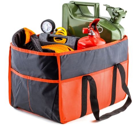 An orange bag with various emergency tools