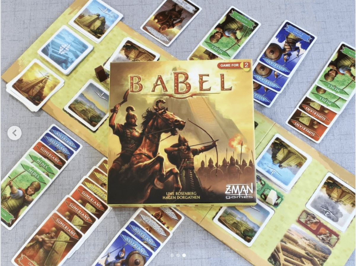 Babel card game box and its cards