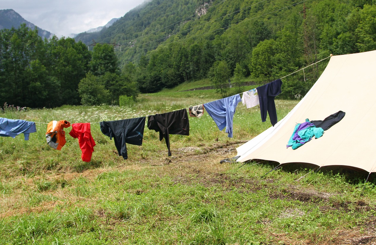 Drying laundry near camping tent
