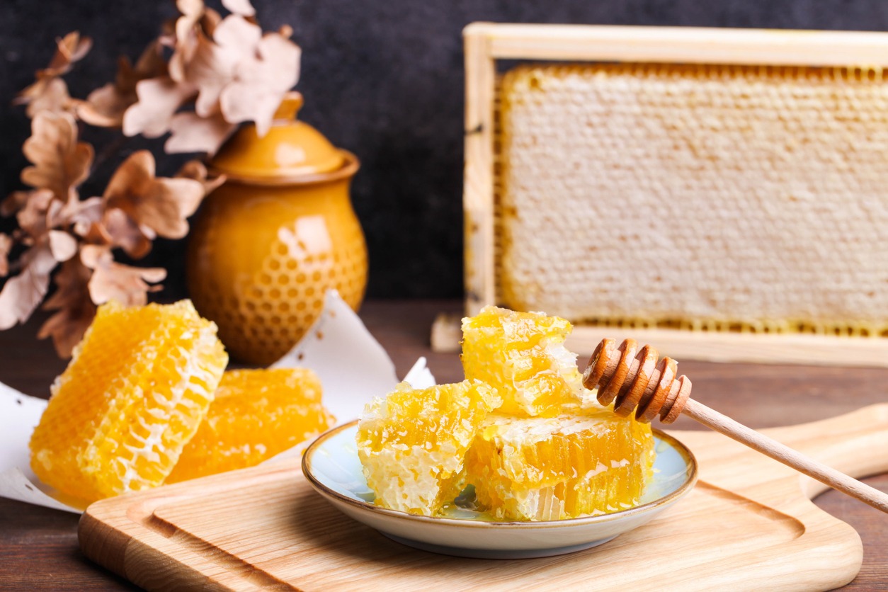 Golden Honey comb cut on the table
