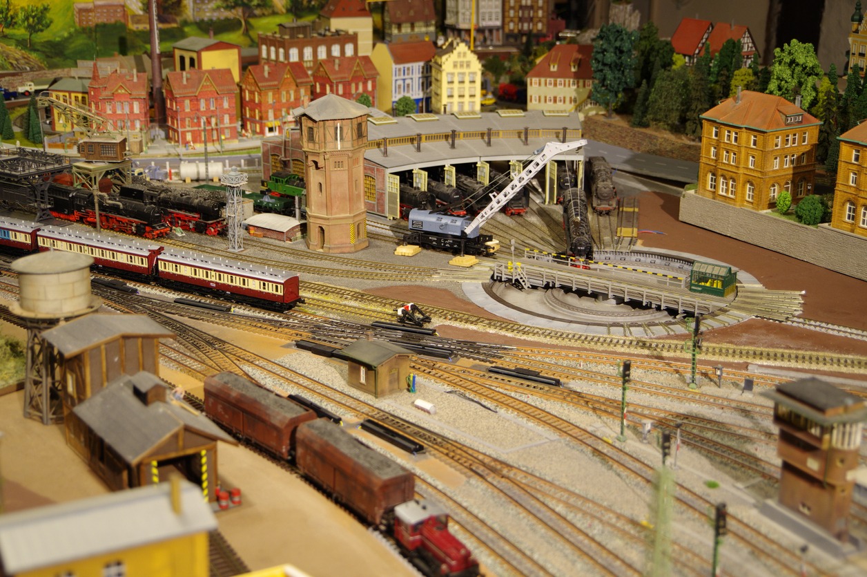 Great model railway system with locomotives and trains and houses