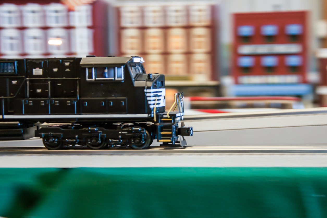 A model train running through a city
