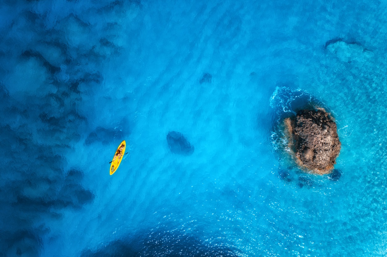 A drone shot to assess the area around the yellow kayak