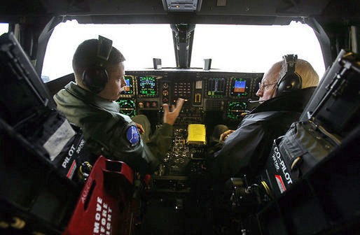 Vice President Dick Cheney inside a B-2 cockpit with pilot Capt. Luke Jayne