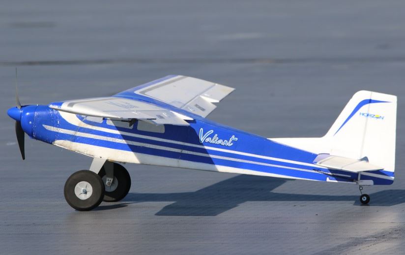 blue and white RC plane