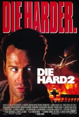 Die Hard 2 movie poster, image of Bruce Willis, flying airplane