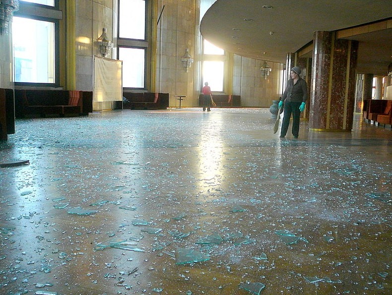Shattered windows in the foyer of the Chelyabinsk Drama Theatre